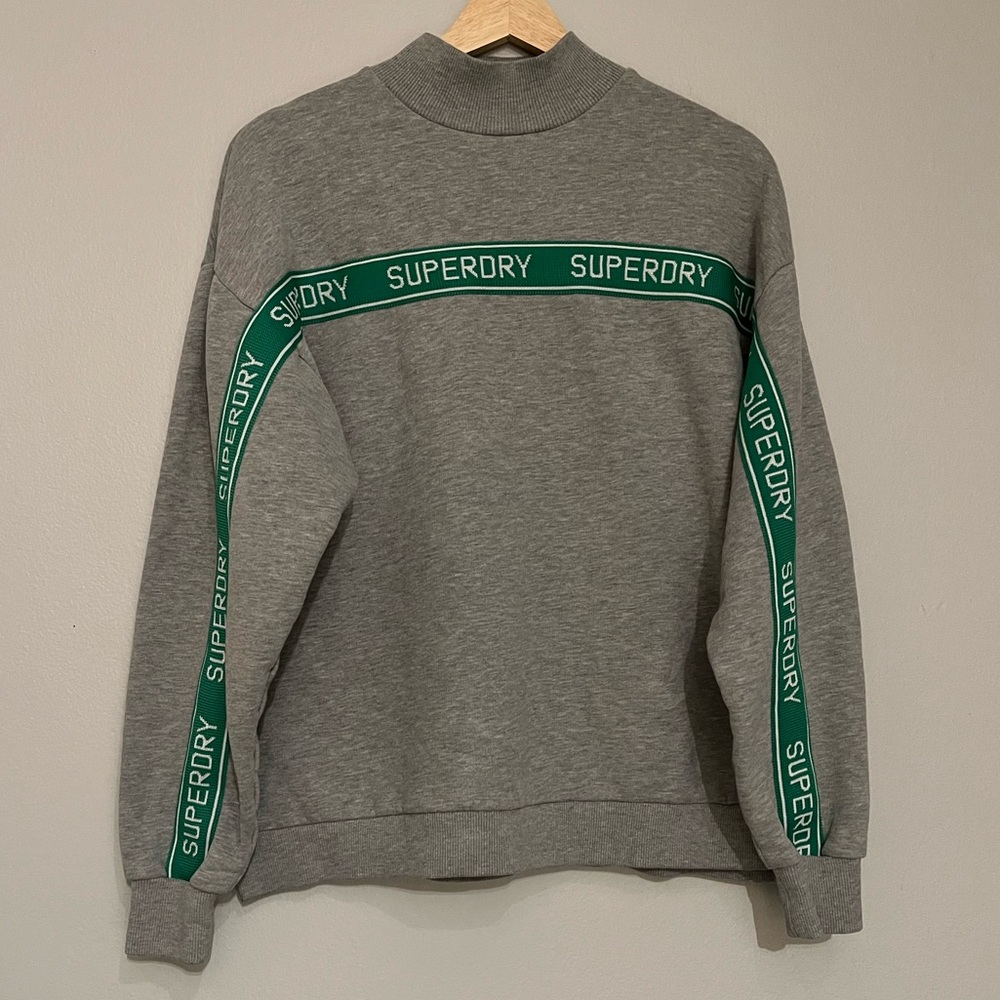 ✨ Women’s Superdry Grey Mock Neck Sweatshirt | Logo Tape Sleeve Detail US 6